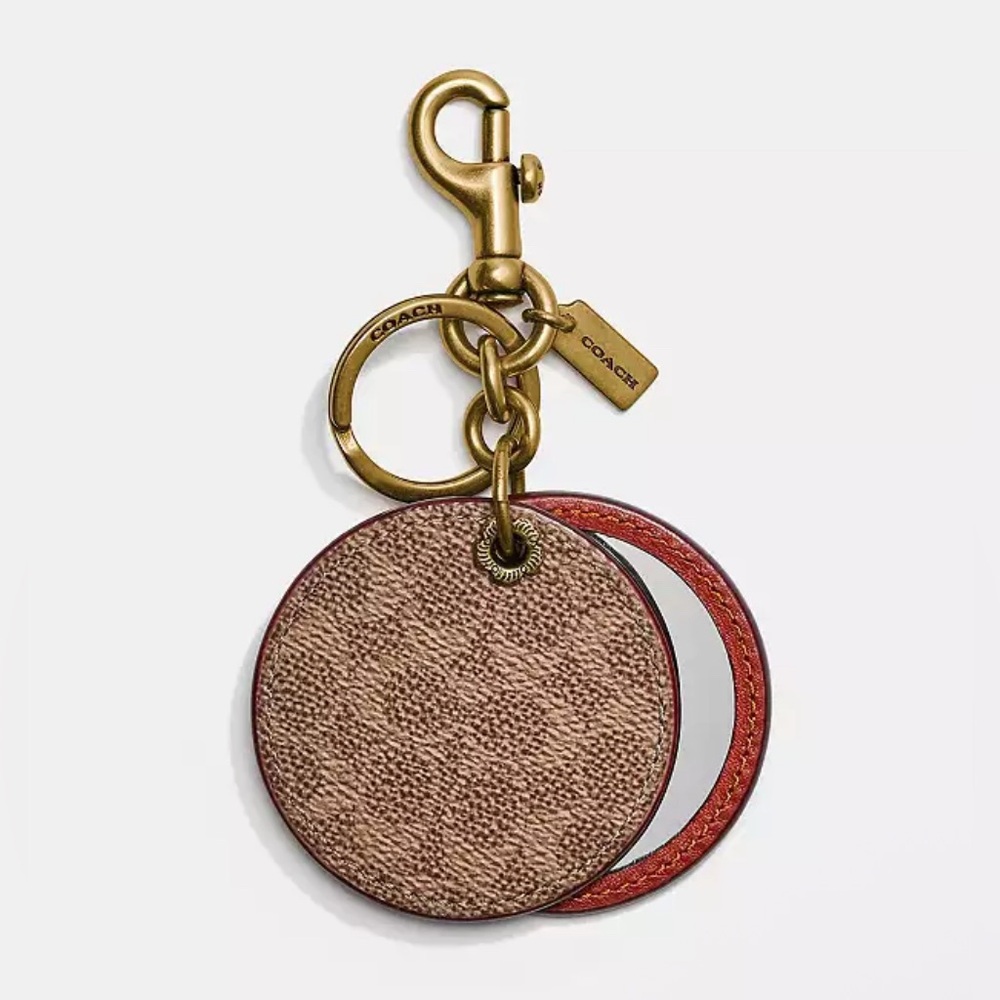 COACH Mirror Bag Charm Signature Canvas Key Ring Dogleash Clip Brown Maroon Gold - Picture 4 of 4